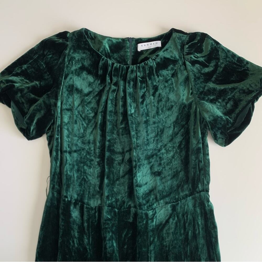 Sandro Stuarty Dark Green Velvet Belted Puff Sleeve Mini Dress Size 3 Large - Picture 3 of 14